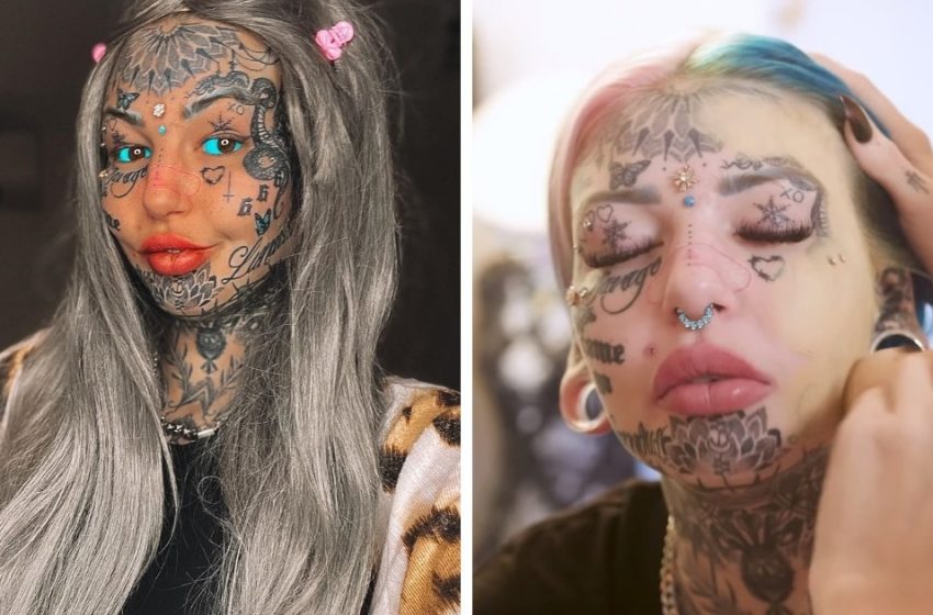  Australienne avec 600 tatouages ​​​​peints sur les dessins sur son visage avec du fond de teint et a montré à quoi elle ressemblerait sans eux