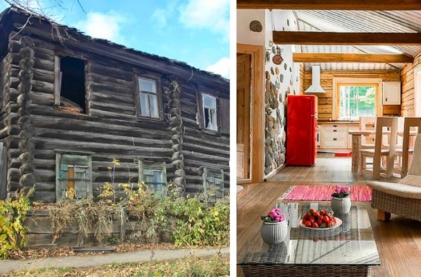  L’homme a détruit un vieux cottage et a construit une magnifique maison en rondins